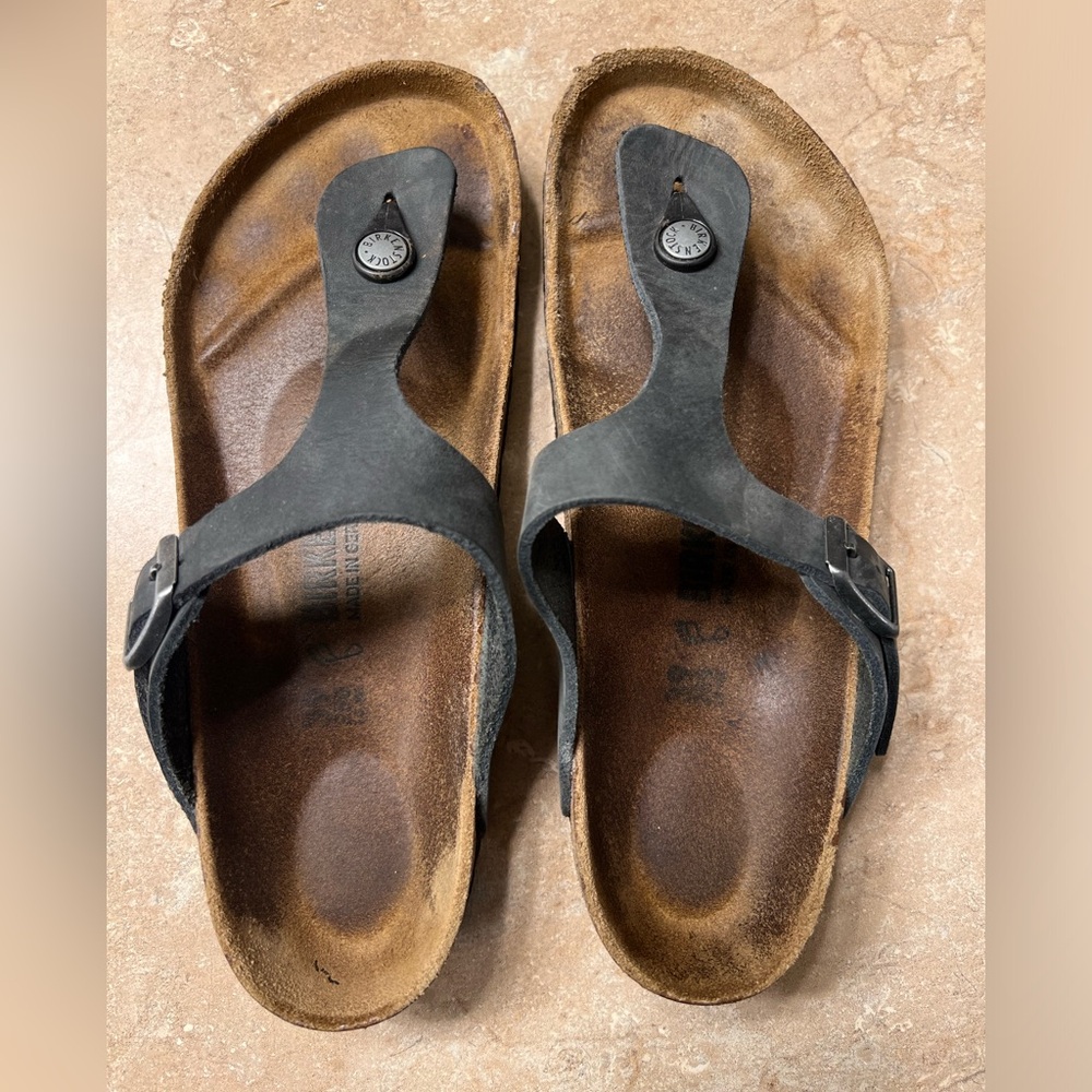 Black oiled leather Birkenstock Gizeh sandals. Purchased 2023
